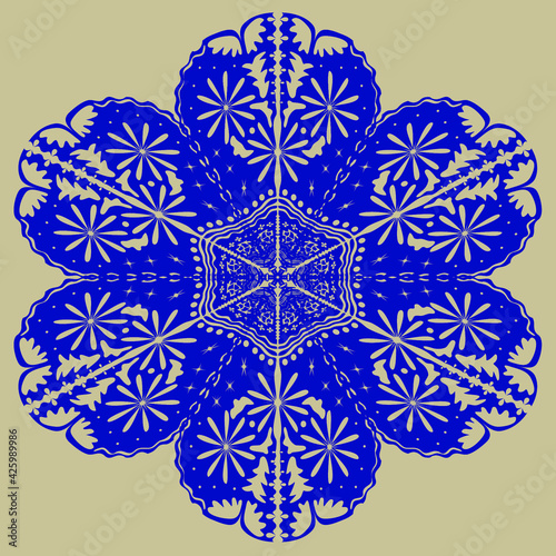 Blue silhouette of snowflakes on a beige background. Winter composition. Christmas, New Year.