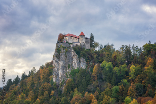 Scenic view of the Bled castle on the cliff at sunset, Bled lake (Blejsko jez...