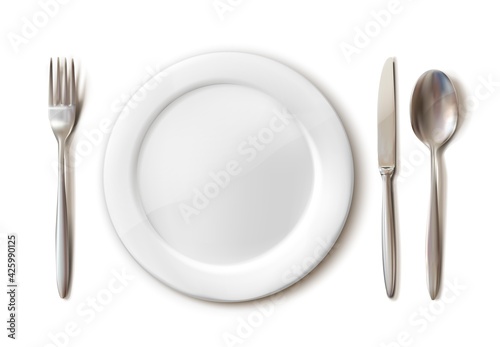 3d realistic cutlery set of white plate, fork, spoon and knife. Isolated on white background. 