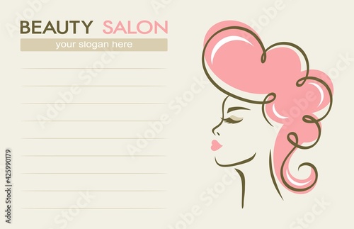 Beauty salon business card. Face of a beautiful woman with pink hair on a light beige background, lines for text. Template for hairdressing salons, spas and make-up salons, women's clubs. Vector.