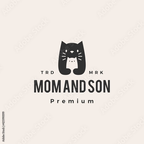 cat mom and son hipster vintage logo vector icon illustration