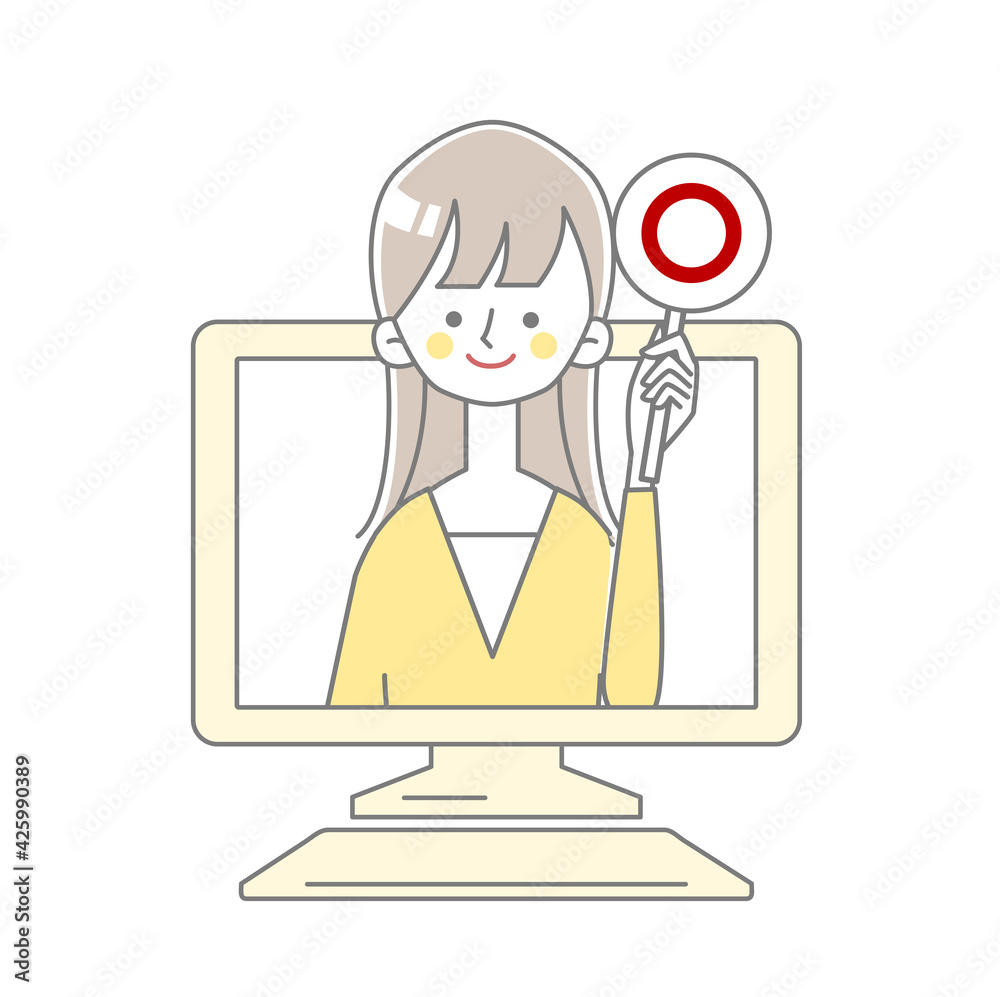 パソコンから丸のサインを持っている女性が飛び出しているイラスト パソコンから丸のサインを持っている女性が飛び出しているイラスト