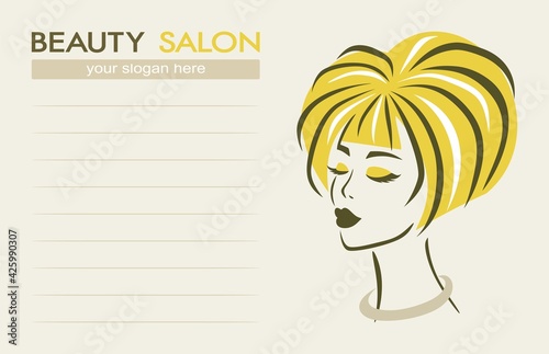 Beauty salon business card. Face of a beautiful woman with yellow hair on a light beige background, lines for text. Template for hairdressing salons, spas and make-up salons, women's clubs. Vector.