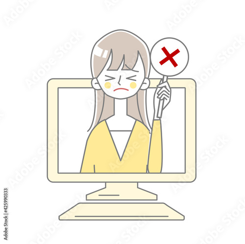 パソコンからバツのサインを持っている女性が飛び出しているイラスト