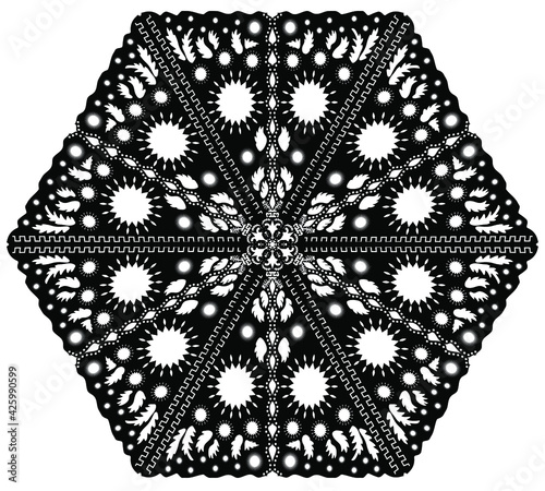 Black silhouette of snowflake on a white background. Winter composition. Christmas, New Year.