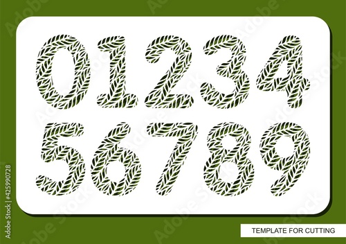 Stencil with all numbers. Carved floral pattern of leaves, twigs. Eco sign - 1 (one), 2 (two), 3 (three), 4 (four), 5 (five), 6 (six), 7 (seven), 8 (eight), 9 (nine), 0 (zero). Template for laser cut.