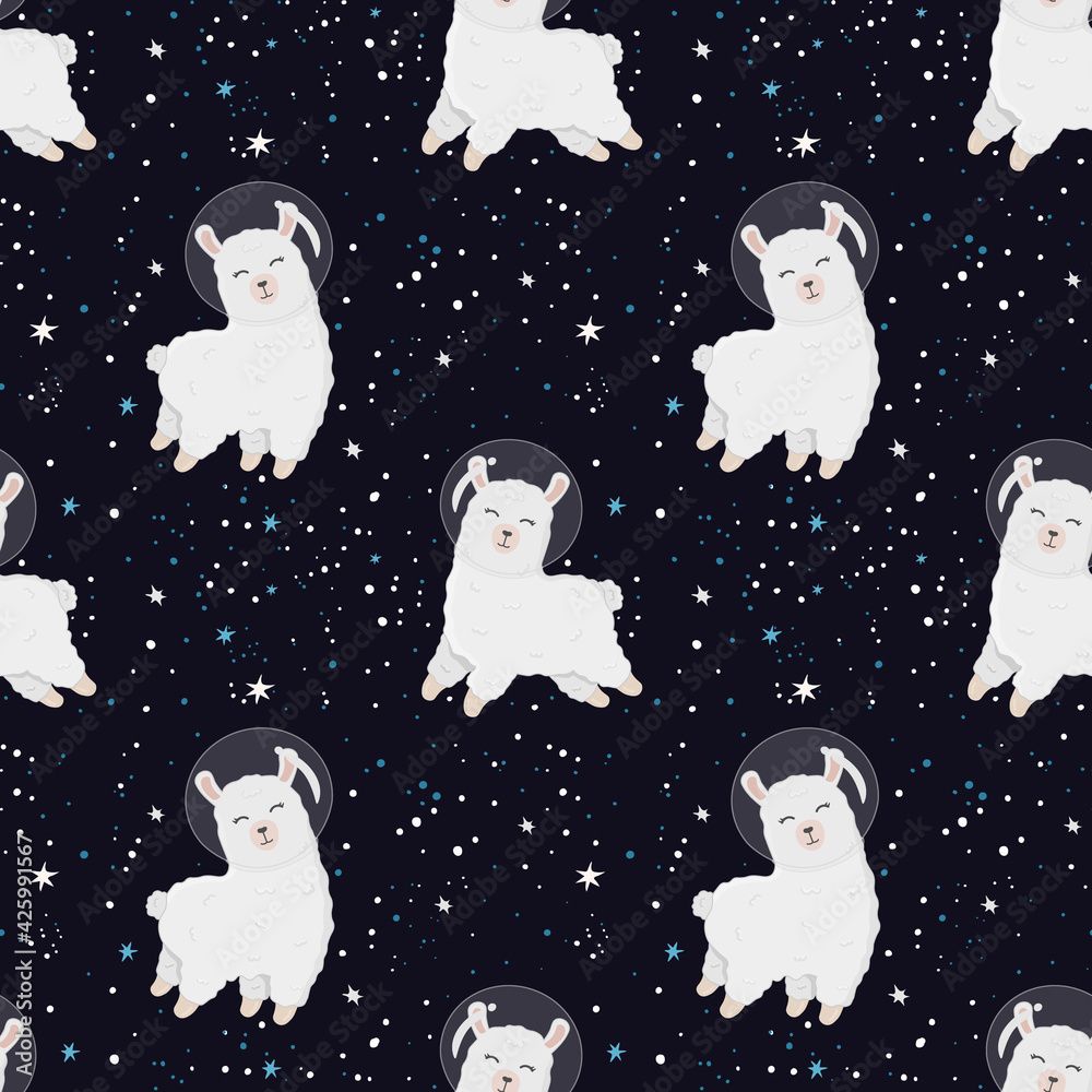 Fototapeta premium Seamless pattern with cute alpaca astronaut on starry space background. Perfect for wrapping paper, posters, fabric and other design. Cute llama