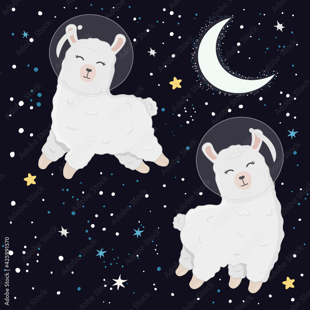Fototapeta premium Illustration with cute alpaca astronauts on starry space background. Perfect for posters, greeting cards and other design. Cute llama