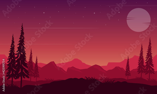 Beautiful mountain views under the starry sky and full moon at night. Vector illustration
