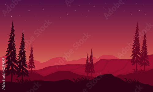A soothing evening atmosphere in the countryside with a beautiful background of the mountains. Vector illustration