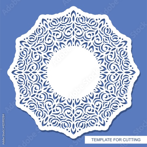 Round carved blank. Oriental pattern, floral ornament. Copy space in the center. Layout for plotter laser cutting of paper, cardboard, plastic, cnc, scrapbooking, wood carving, metal engraving. Vector
