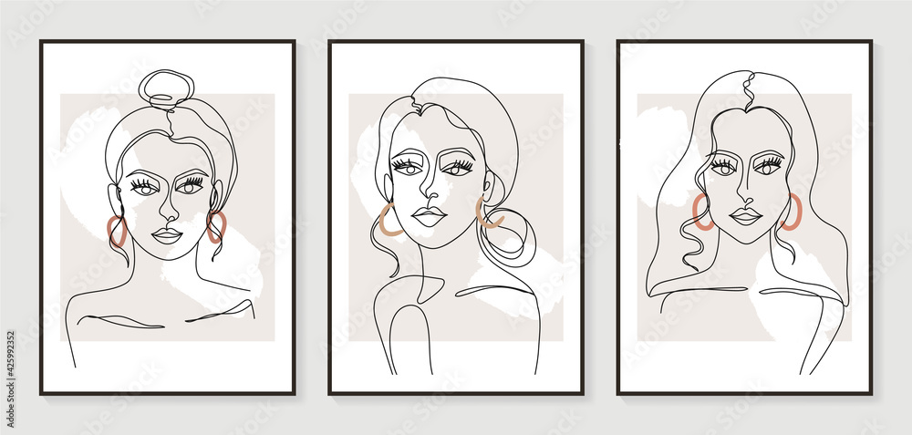 Surreal faces abstract art background vector. Portrait abstract face one line drawing with modern continuous line art and abstract geometric art style. Good for poster, wall art, print, cover design.