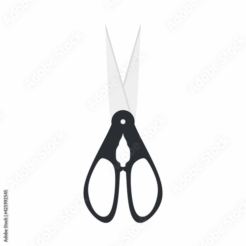 Black scissors isolated on white background. Household tool. Scissors for paper, haircuts, construction etc. Cooking symbol on scissors icon cartoon design. Vector concept in flat retro style