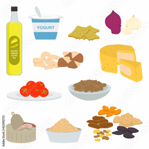Flat set of products of the Mediterranean diet. Adriatic food and cuisine isolated on white background. Mediterranean healthy lifestyle. Vector collection seafood and vegetables illustration