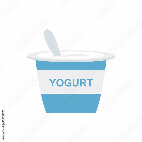 Flat vector illustration yoghurt cream icon. Colored yogurt cup with a spoon isolated on white background. Vector element can be used for cream, yogurt, custard design concept in cartoon style.