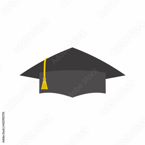 Square academical or graduate cap. Item of academic dress consisting of horizontal square board with tassel attached to center. Trencher isolated on white background. Vector illustration in flat style