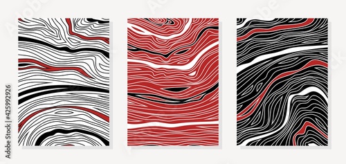 Set of three abstract posters. Collection of rectangular paintings with chaotic stripes of white, black, red colors. Minimalism, simple modern style. Decoration of walls, office or home interior. 