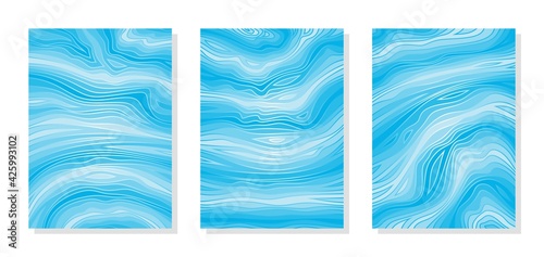 Set of three abstract paintings in blue tones. Wavy lines, curls, imitation of water, sea, ocean, waves, marble. Bright colors, dark and light blue stripes. Interior decoration, cover of brochure.