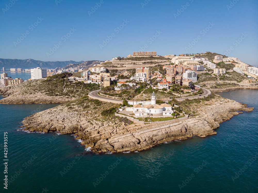 Panoramic view of Cullera Beach Valencia Spain with its lighthouse