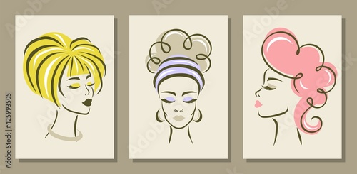 Set of three abstract posters with women. Paintings for decorating the interior of a hairdresser, beauty salon. Heads, faces of girls with pink, yellow hair, long eyelashes, beautiful eyebrows, lips.