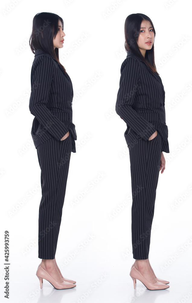 Asian Woman black hair stand 360 turn rear side back view isoalted Asian Woman black hair stand 360 turn rear side back view isoalted