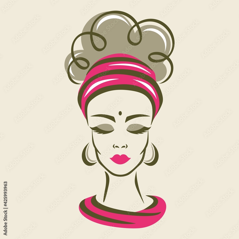 Beautiful face of an Indian woman. The head of a girl with closed eyes, long eyelashes, a red headband on curly hair, round earrings. Portrait, avatar or logo of a beauty salon. Vector illustration.