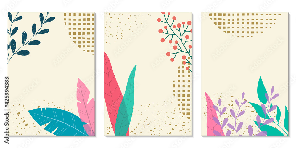 Obraz premium Abstract background set with floral elements and geometric shapes. Modern graphic design with leaves. Spring and summer poster, card, cover or banner template. Vector illustration.