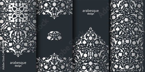 Set of vertical arabesque floral banners. Branches with flowers, leaves and petals