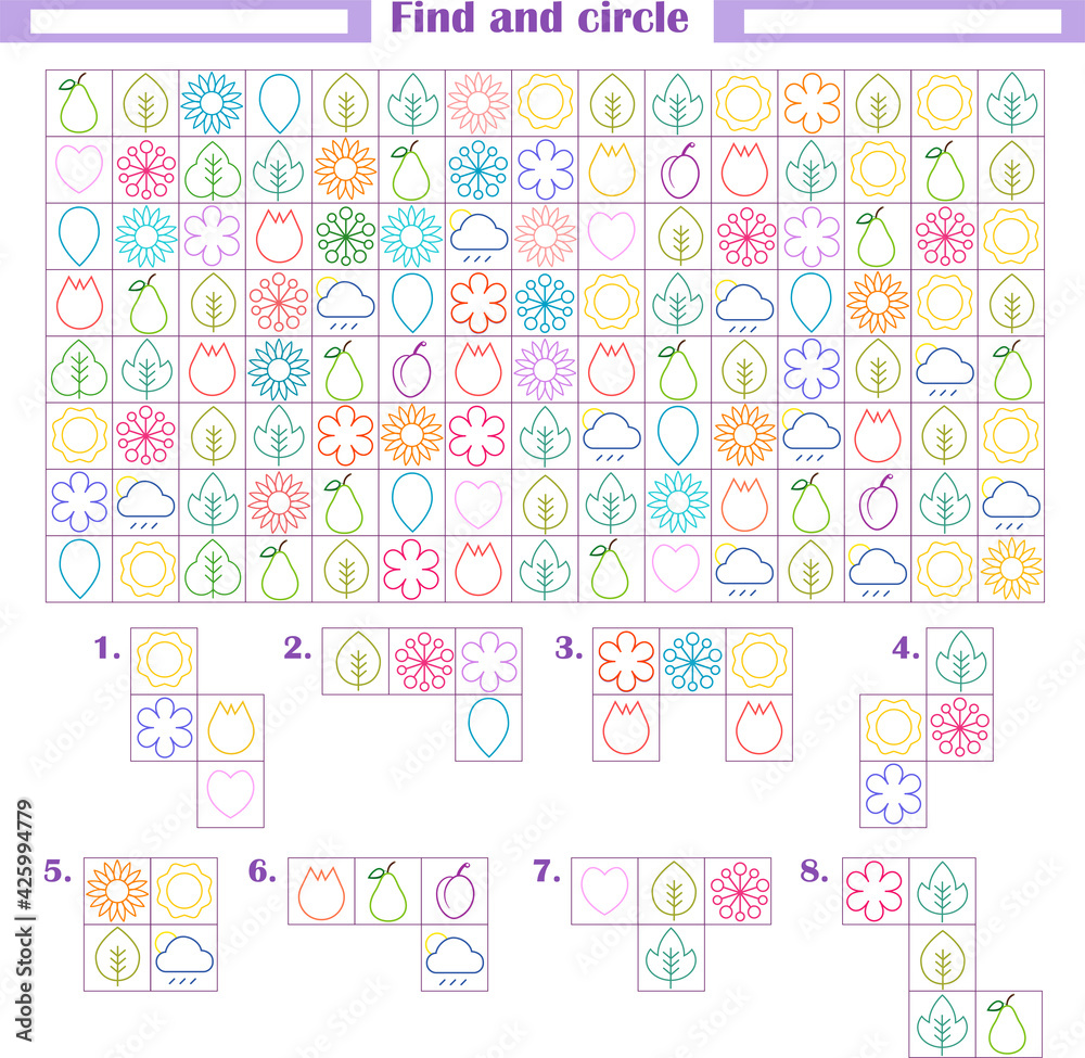  Logic game for children. Development of attention, thinking. Find and circle the fragments shown below