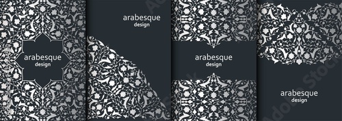 Set of vertical arabesque floral banners. Branches with flowers, leaves and petals