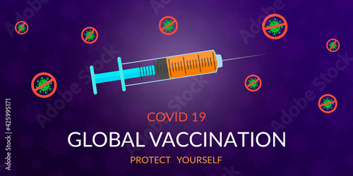 Global vaccination against covid 19 virus. Trendy design depicting a syringe with coronavirus vaccine on a purple background