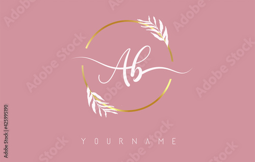 AB a b Letters logo design with golden circle and white leaves on branches around. Vector Illustration with A and B letters.