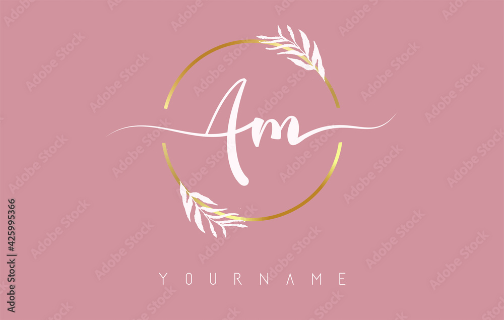 AM a m Letters logo design with golden circle and white leaves on branches around. Vector Illustration with A and K letters. AM a m Letters logo design with golden circle and white leaves on branches around. Vector Illustration with A and K letters.
