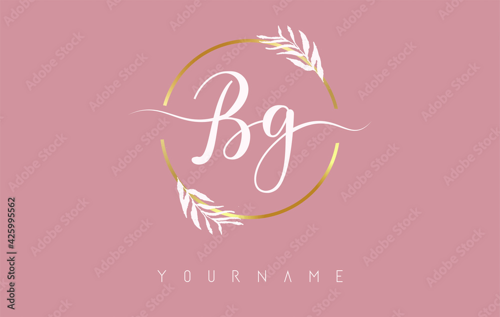BG b g Letters logo design with golden circle and white leaves on