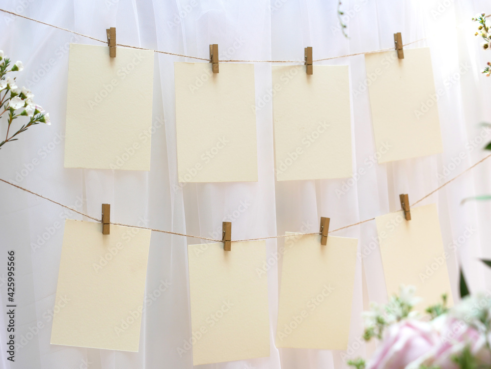 Mockup hanging white blank space card, for greeting, Name list, Photo