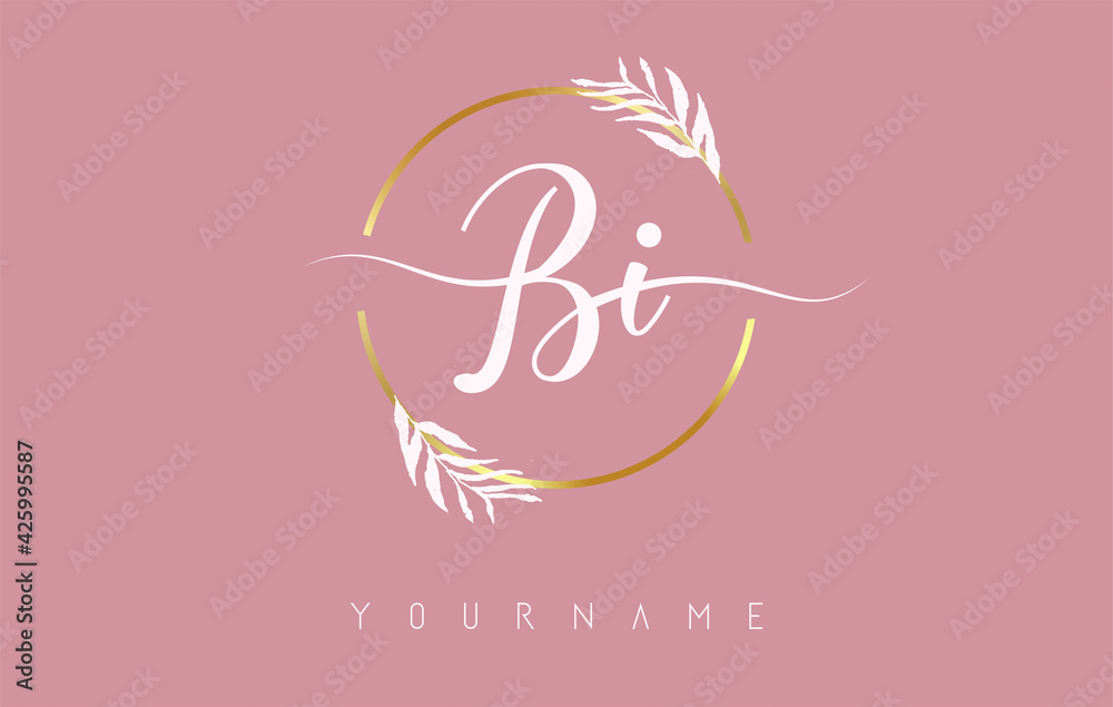 BI b i Letters logo design with golden circle and white leaves on branches around. Vector Illustration with B and I letters. BI b i Letters logo design with golden circle and white leaves on branches around. Vector Illustration with B and I letters.