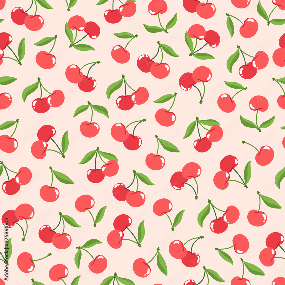 Seamless pattern of red cherries with green leaves in flat style Seamless pattern of red cherries with green leaves in flat style