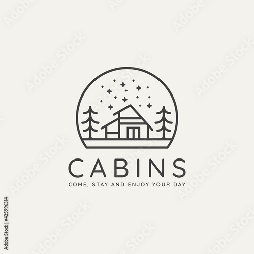winter forest cabin minimalist line art badge logo template vector illustration design. simple minimalist lodge, cottage, housing emblem logo icon concept
