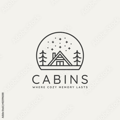 winter cabin minimalist line art badge logo template vector illustration design. simple minimalist cottage, lodge, housing emblem logo icon concept