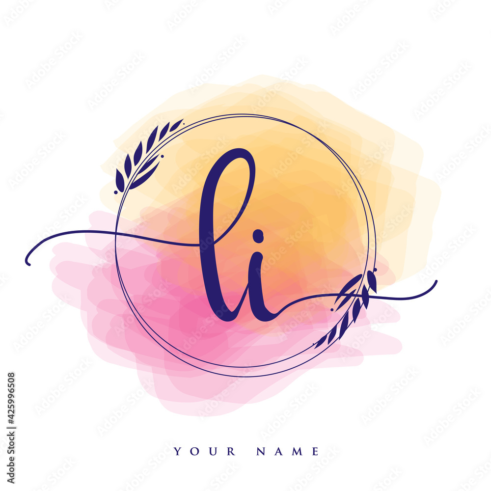 LI Initial handwriting logo. Hand lettering Initials logo branding, Feminine and luxury logo design isolated on colorful watercolor background. - obrazy, fototapety, plakaty 