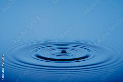 Closeup Water drop or splash falling on the surface of the water and beautiful circular wave ripple, water concept, with blue background