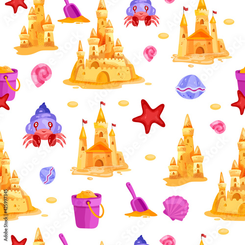 Sand castle kids vector seamless pattern, summer beach texture, crab, sea shell, shovel on white. Cartoon childish vacation background for apparel, wrapping paper. Sand castle, holiday paradise design