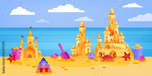 Sand castle summer beach vector illustration, cartoon landscape, sky, clouds, crab, ocean, bucket. Vacation seaside yellow sculpture towers, shovel, shells. Sand castle paradise holiday background