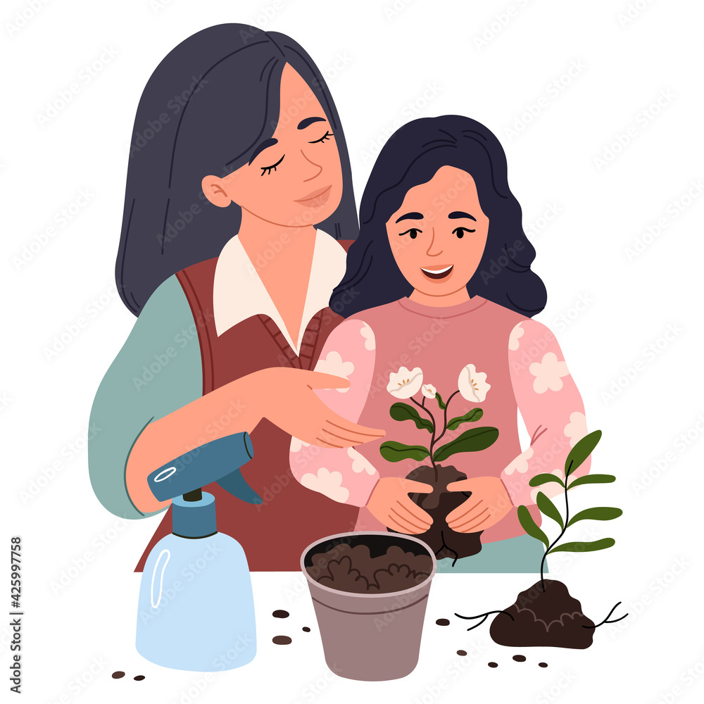 Mom and daughter plant a flower. The family spends time together. Pastel colors. Mom and daughter plant a flower. The family spends time together. Pastel colors.