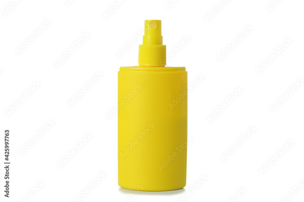 Yellow bottle of sunscreen isolated on white background Yellow bottle of sunscreen isolated on white background