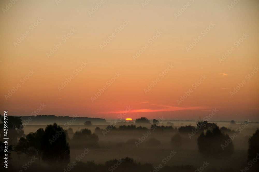 sunrise on a foggy field, the first rays of the sun through the fog, the beauty of a red sunset sunrise on a foggy field, the first rays of the sun through the fog, the beauty of a red sunset