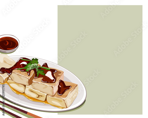 Isolated Stinky tofu, The form of fermented tofu that has a strong odor in a dish. The famous menu in China night market. Close up asian food vector illustration on white background. 