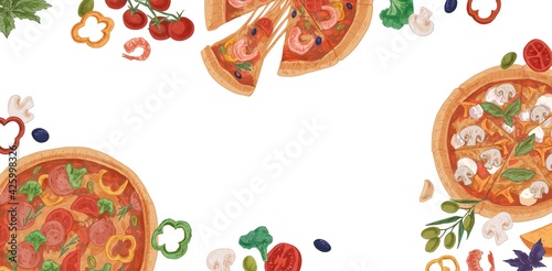 Ad banner for pizzeria with realistic pizza slices, ingredients and place for text on white background. Promotion template for Italian food restaurant or cafe. Colored hand-drawn vector illustration