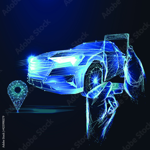 Car leaving from the smartphone. GPS navigation, location app or travelling concept. Car, phone and navigator pin in dark blue background. Polygonal 3d Smart technology digital vector illustration