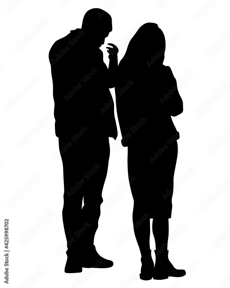 Young man and woman walking down the street. Isolated silhouette on a white background Young man and woman walking down the street. Isolated silhouette on a white background
